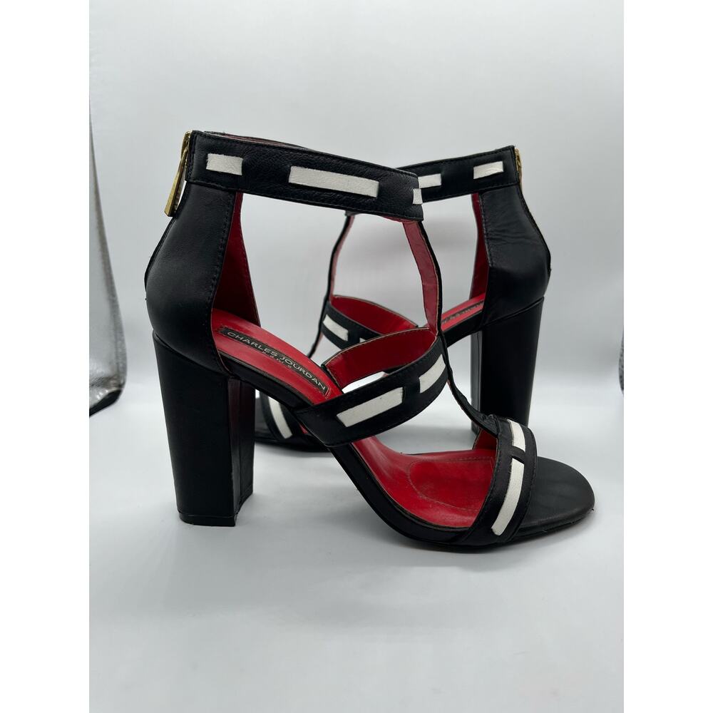 Charles Jourdan Paris Black White & Red Leather Strappy Sandal Heels Women's 7 - Picture 5 of 14